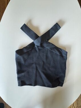 Quince Crossover Ribbed Halter Tank Top - Dark Grey